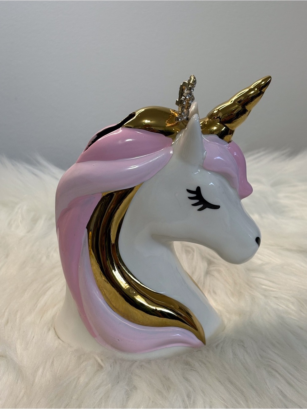 (130)Source Unknown Pink and Gold Unicorn Ceramic Bank